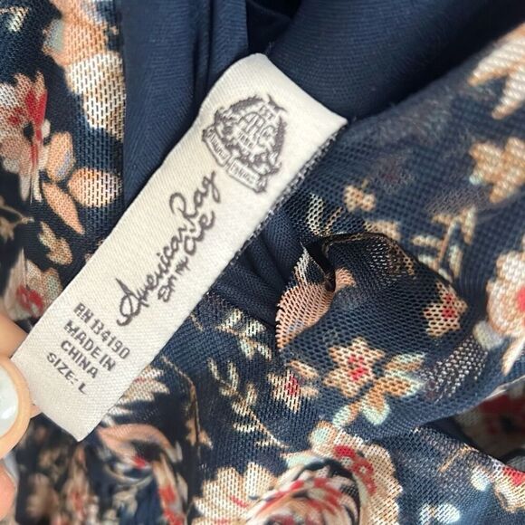 American Rag Floral V Neck Ruffle Sleeveless A Line Dress Navy Blue Large - Picture 5 of 7